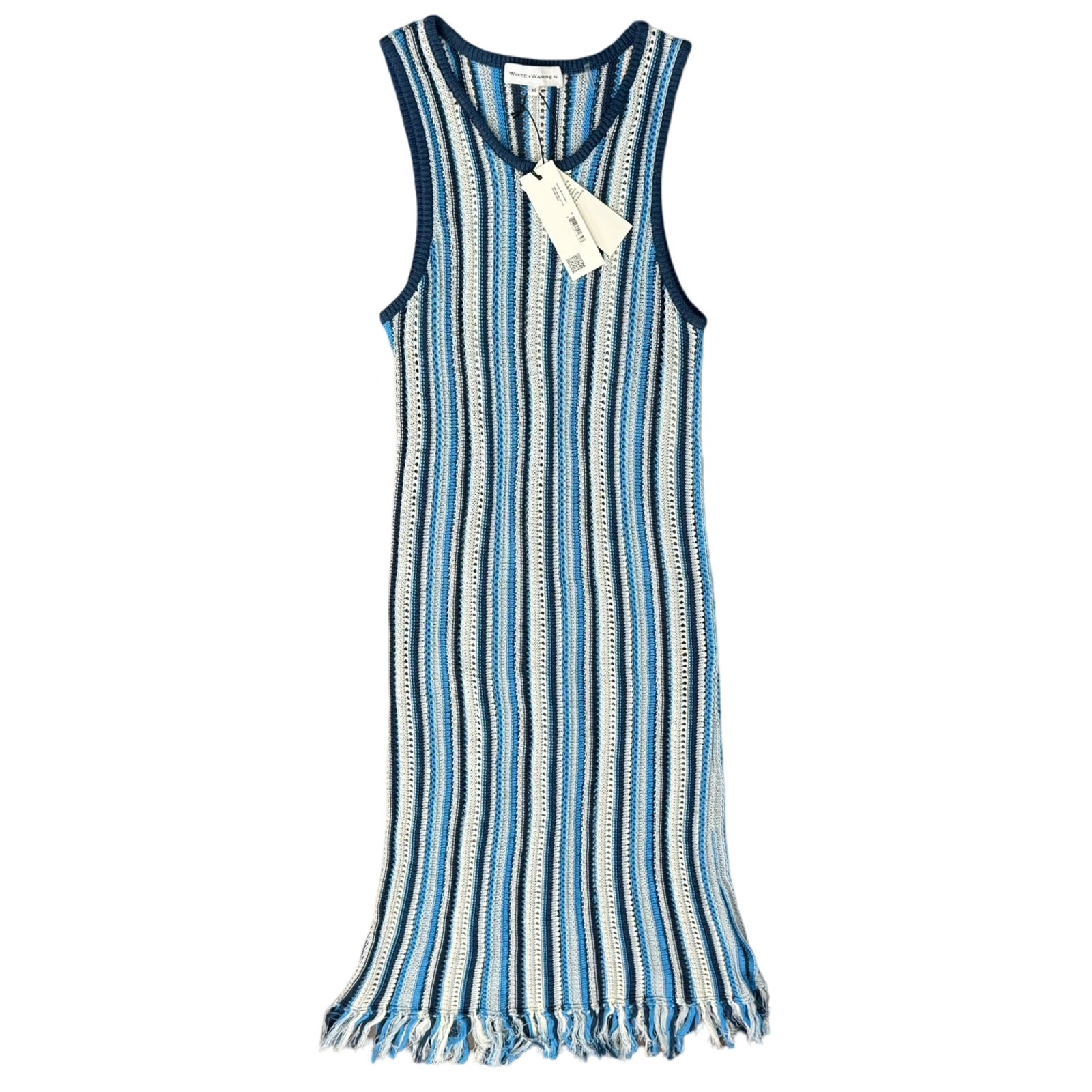 White + Warren Blue White Stripe Mercerized Cotton Fringe Midi Dress Xs New Tags — image 6 of 8